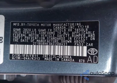 2019 Toyota Corolla Le из США, поврежденный, VIN 2T1BURHEXKC208431